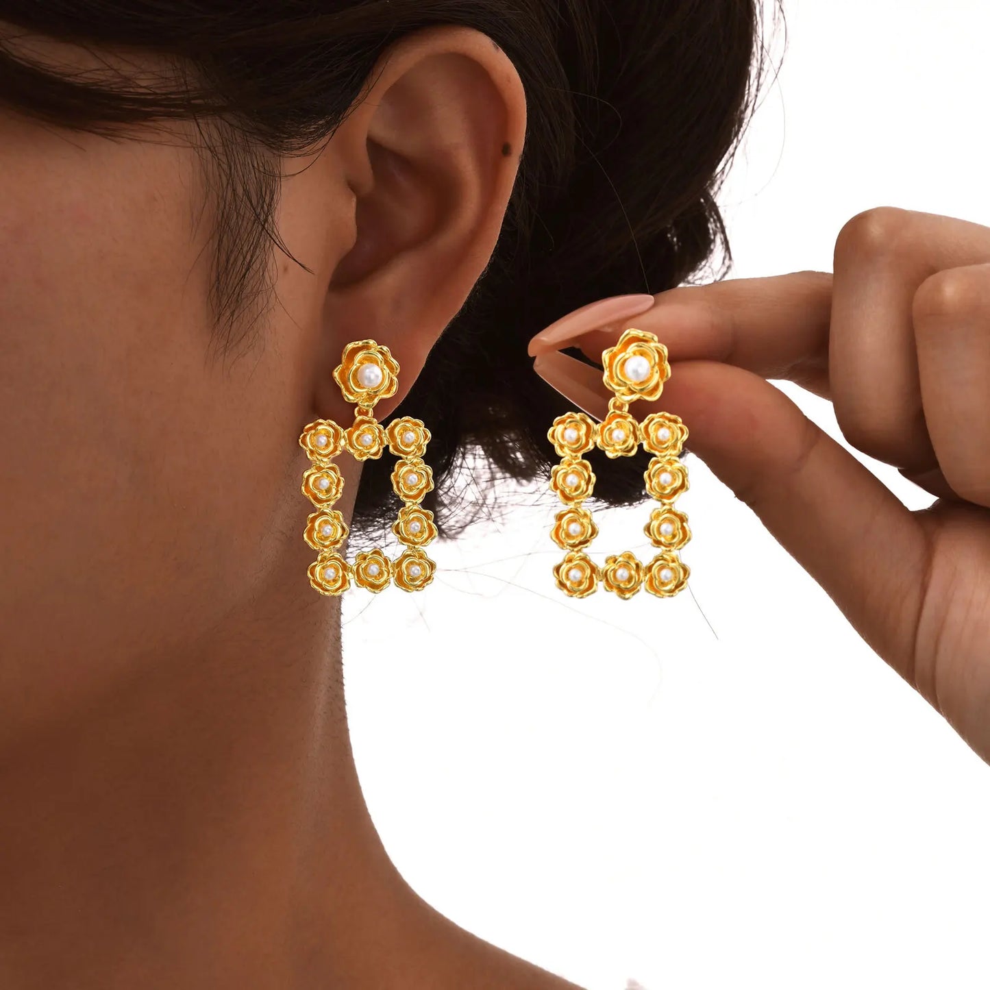 Rose Pearl Drop Earrings – Elegant Gold-Plated Jewelry | DAILY DRIPZ